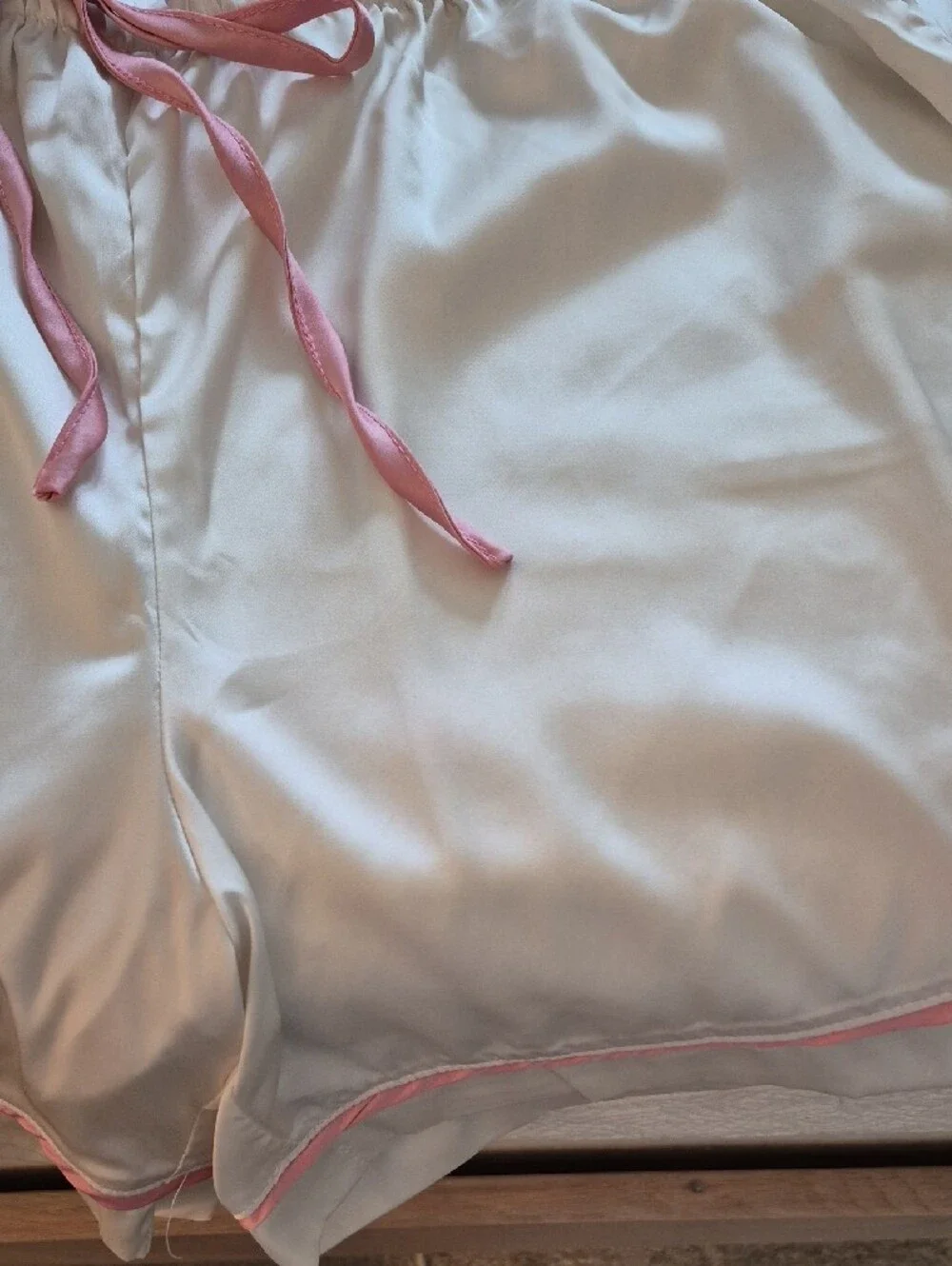 She + Sky Ivory Satin Short Pajama Set with Pink Trim & Bows